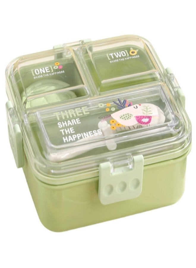 ATTRO Tasty Bite 3 Compartment Lunch Box with Small Container & Spoon BPA Free Food Grade Leak-Proof Microwave Safe Ideal for Kids-1020ml+70ml Green, Plastic - Image 1